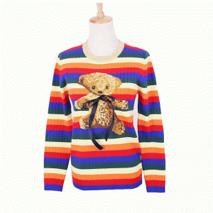 Custom ODM Miś Intarsia Rainbow Strips Damski sweter z tkaniny